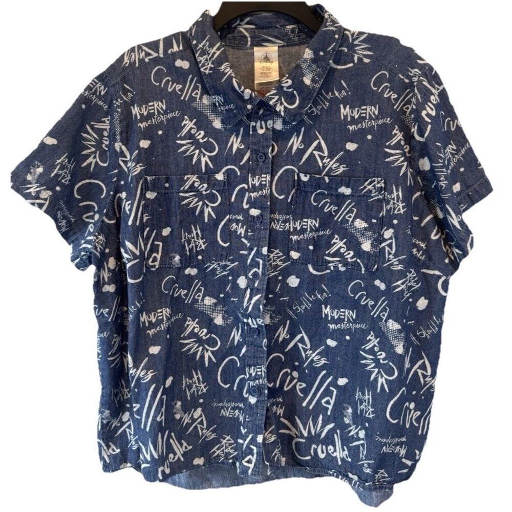 Disney Cruella De Vil Womens Short Sleeve Blue Cotton Denim Button Down Top 2X